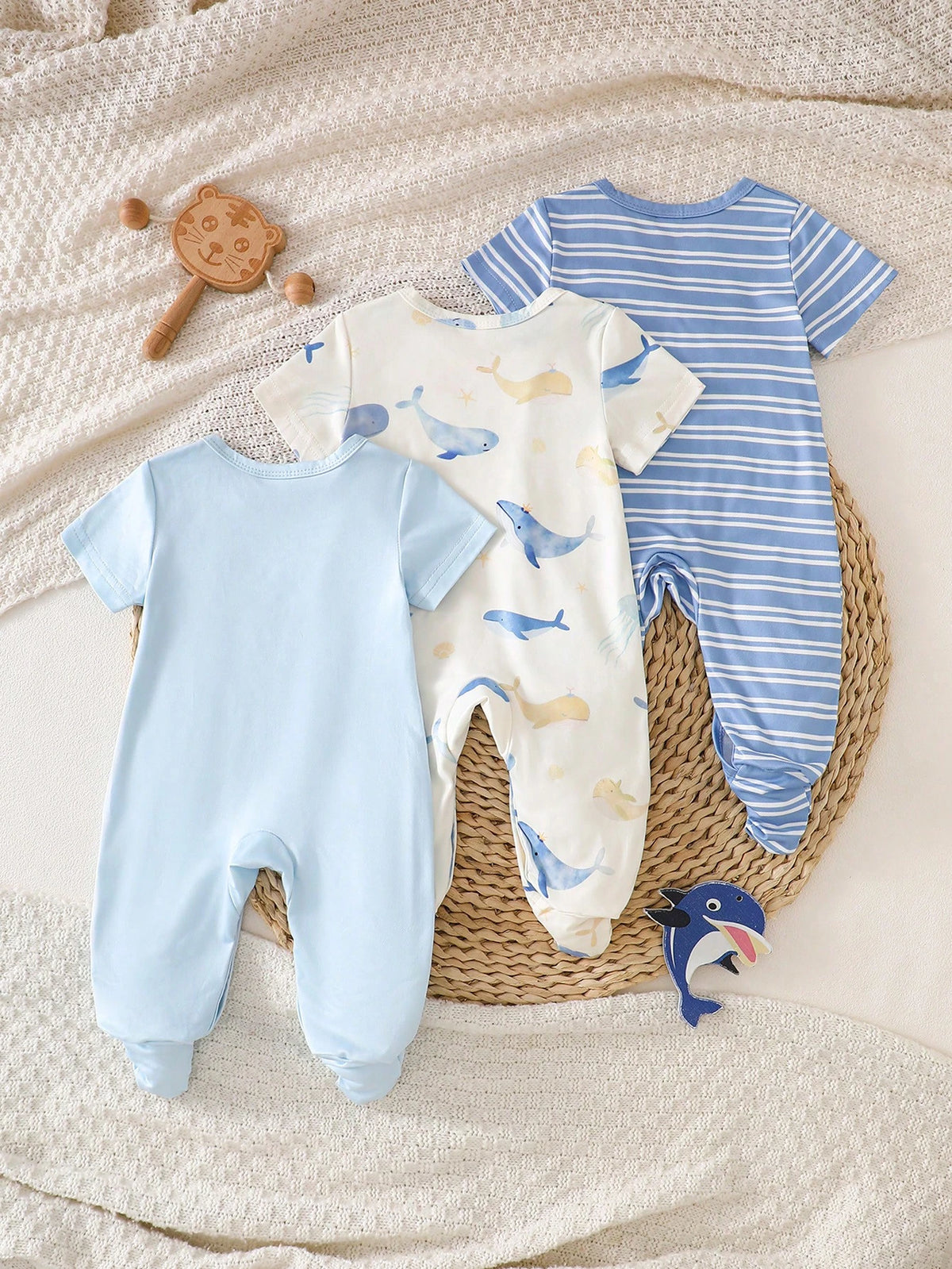 3pcs Newborn Short Sleeve Footie Pajamas Set, Blue Striped, Apricot, Light Blue Whale Print, Casual Comfortable Homewear Sleepwear, Suitable For Summer Outdoor Wear