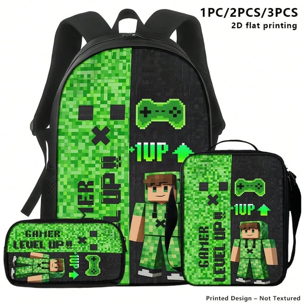 3pcs Polyester Backpack Set Pixel Gaming Character Graphic Includes Durable Large-Capacity Bookpack & Insulated Lunch Bag & Multi-Functional Pencil Case Adjustable Straps And Zipper Compartments For D