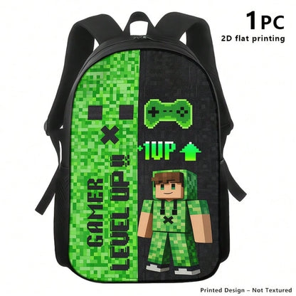 3pcs Polyester Backpack Set Pixel Gaming Character Graphic Includes Durable Large-Capacity Bookpack & Insulated Lunch Bag & Multi-Functional Pencil Case Adjustable Straps And Zipper Compartments For D