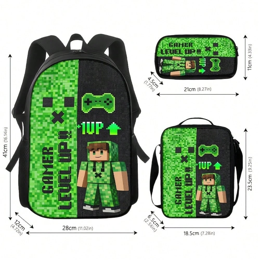 3pcs Polyester Backpack Set Pixel Gaming Character Graphic Includes Durable Large-Capacity Bookpack & Insulated Lunch Bag & Multi-Functional Pencil Case Adjustable Straps And Zipper Compartments For D