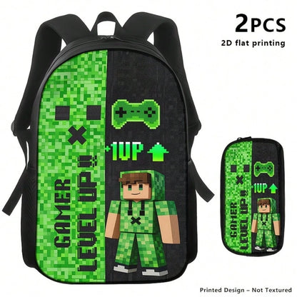 3pcs Polyester Backpack Set Pixel Gaming Character Graphic Includes Durable Large-Capacity Bookpack & Insulated Lunch Bag & Multi-Functional Pencil Case Adjustable Straps And Zipper Compartments For D