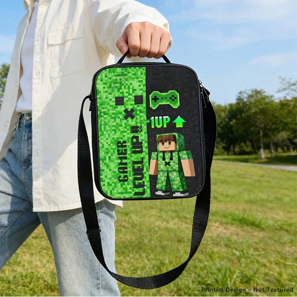 3pcs Polyester Backpack Set Pixel Gaming Character Graphic Includes Durable Large-Capacity Bookpack & Insulated Lunch Bag & Multi-Functional Pencil Case Adjustable Straps And Zipper Compartments For D