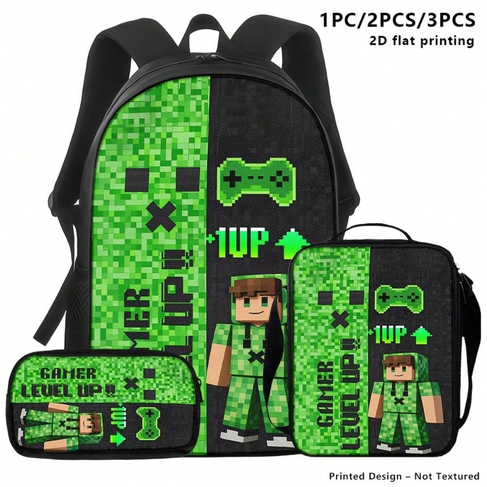 3pcs Polyester Backpack Set Pixel Gaming Character Graphic Includes Durable Large-Capacity Bookpack & Insulated Lunch Bag & Multi-Functional Pencil Case Adjustable Straps And Zipper Compartments For D