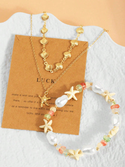 3pcs/Set Bohemian Vacation Style Starfish Shell Pearl Beaded Anklet Set, Fresh And Sweet