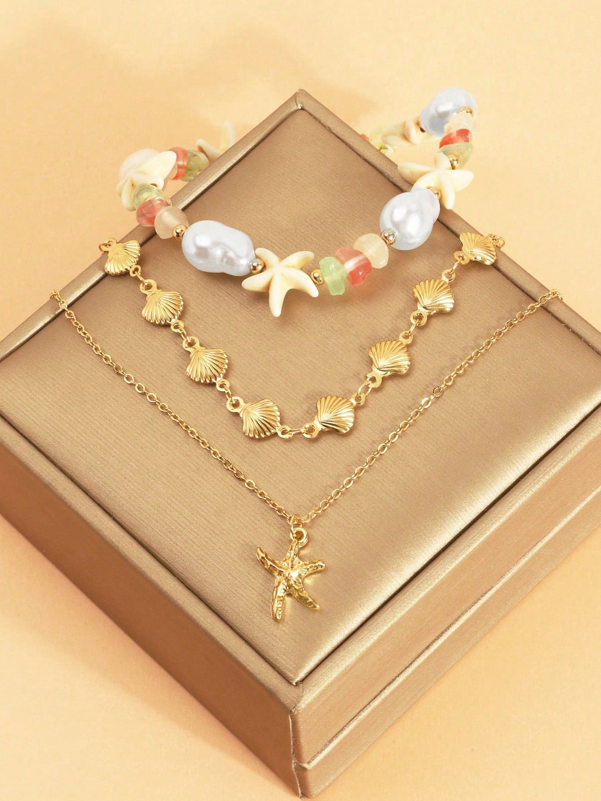 3pcs/Set Bohemian Vacation Style Starfish Shell Pearl Beaded Anklet Set, Fresh And Sweet