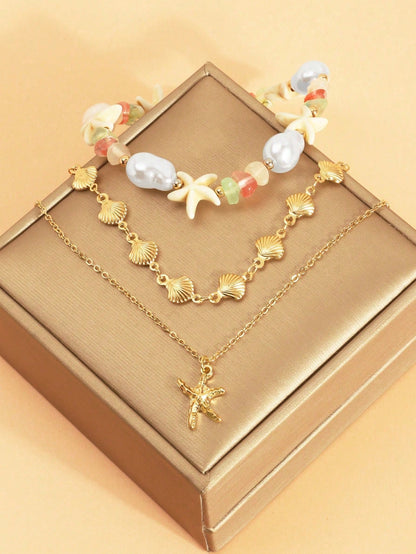 3pcs/Set Bohemian Vacation Style Starfish Shell Pearl Beaded Anklet Set, Fresh And Sweet