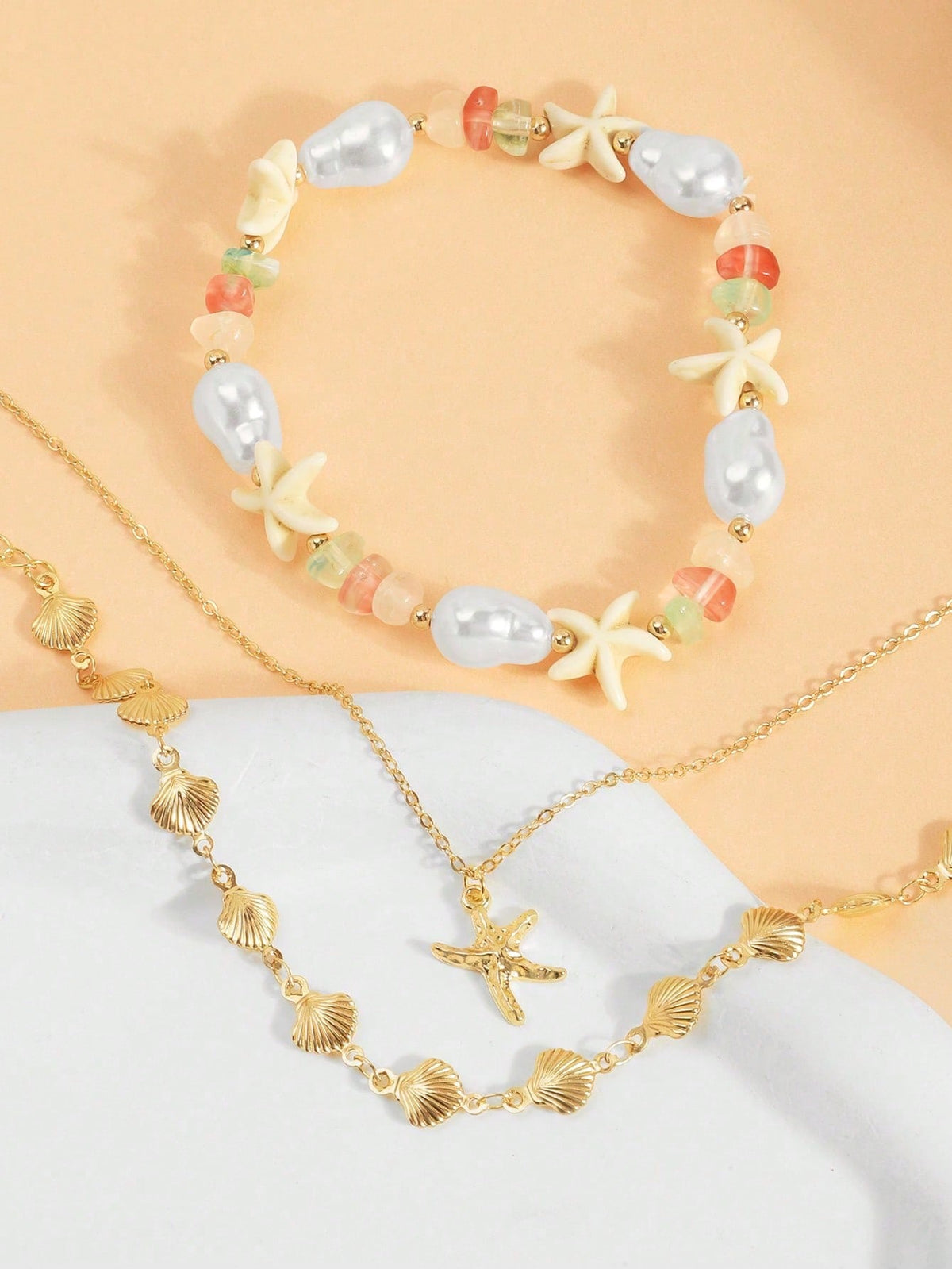 3pcs/Set Bohemian Vacation Style Starfish Shell Pearl Beaded Anklet Set, Fresh And Sweet