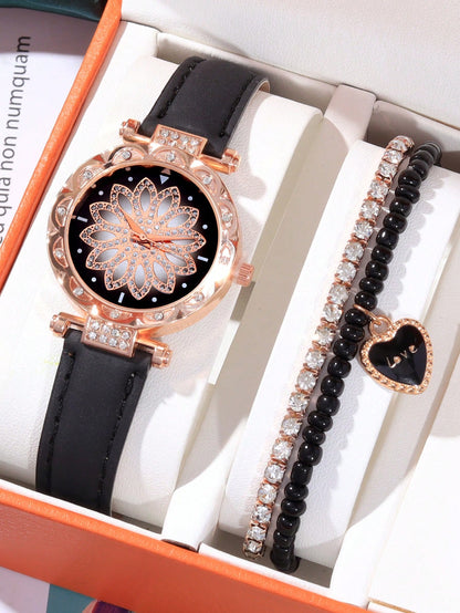 3pcs/Set Fashionable Minimalist Versatile Women's Quartz Watch With Round Dial, Casual Wear, Comes With Rhinestone Heart-Shaped Bracelet Set, Suitable For Vacation And Daily Wear
