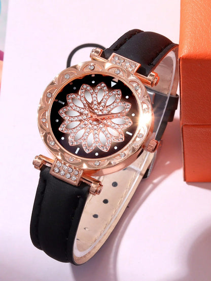 3pcs/Set Fashionable Minimalist Versatile Women's Quartz Watch With Round Dial, Casual Wear, Comes With Rhinestone Heart-Shaped Bracelet Set, Suitable For Vacation And Daily Wear