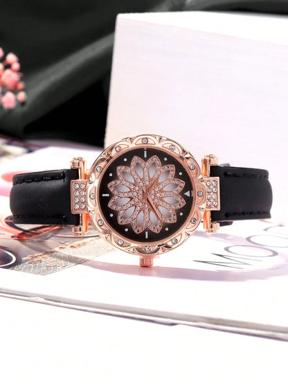 3pcs/Set Fashionable Minimalist Versatile Women's Quartz Watch With Round Dial, Casual Wear, Comes With Rhinestone Heart-Shaped Bracelet Set, Suitable For Vacation And Daily Wear