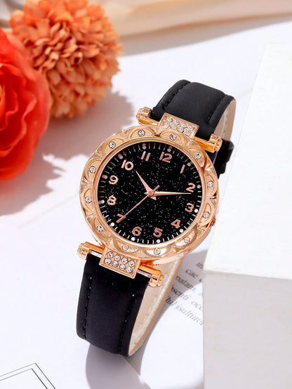 3pcs/Set Fashionable Minimalist Versatile Women's Quartz Watch With Round Dial, Casual Wear, Comes With Rhinestone Heart-Shaped Bracelet Set, Suitable For Vacation And Daily Wear