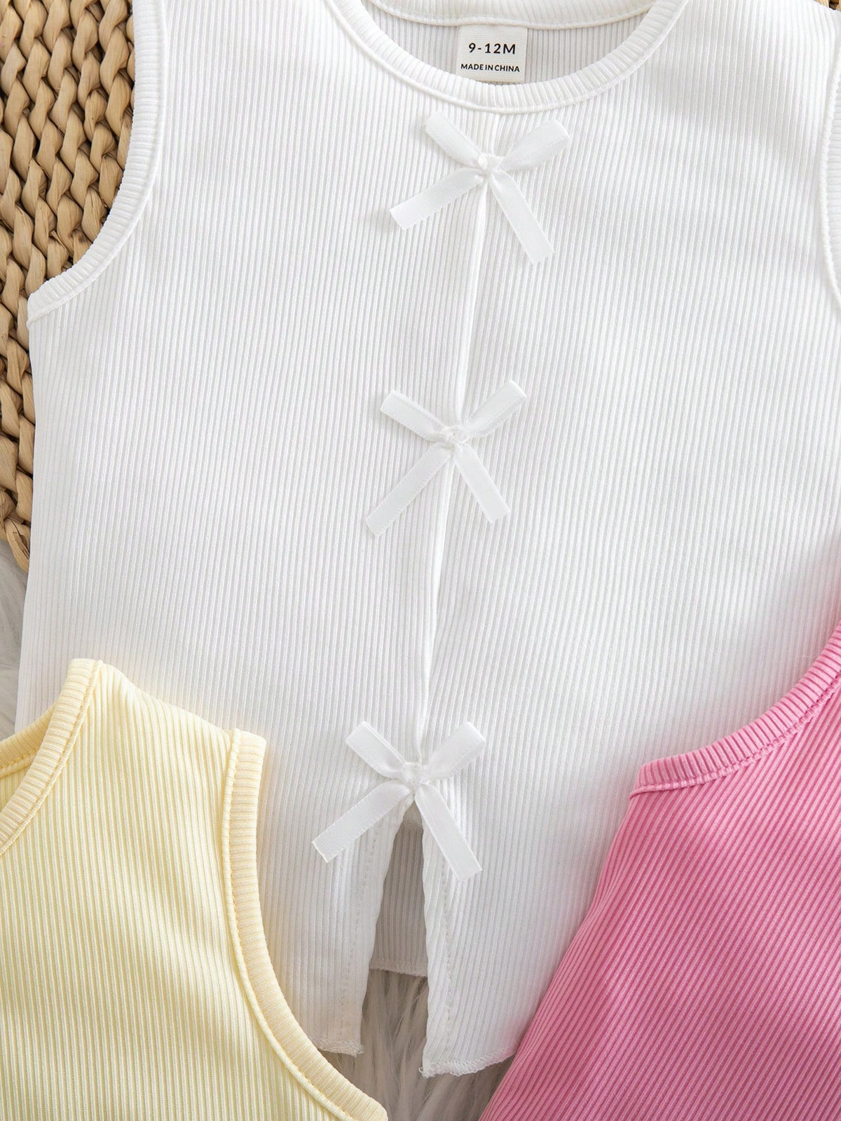 3pcs/Set Girls Sweet Stylish Casual 3D Bow Dopamine Versatile Knit Sleeveless Tank Tops