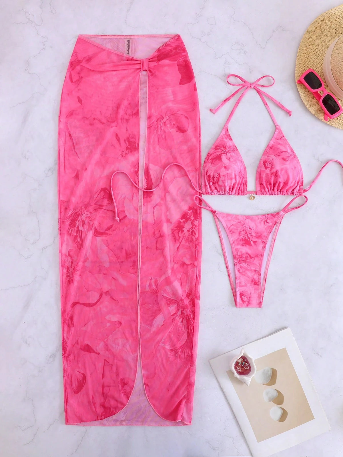 3pcs/Set Sexy Floral European & American Style Swimwear, Summer Vacation Mesh Maxi Skirt Bikini Beach Swimwear Pink