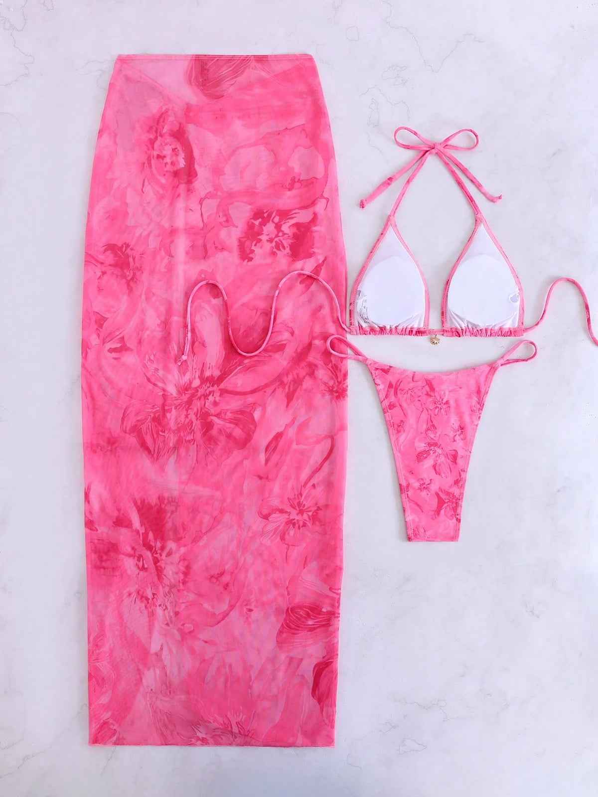 3pcs/Set Sexy Floral European & American Style Swimwear, Summer Vacation Mesh Maxi Skirt Bikini Beach Swimwear Pink