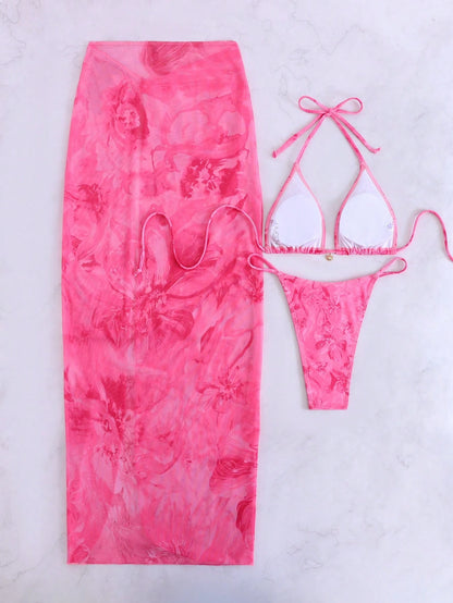 3pcs/Set Sexy Floral European & American Style Swimwear, Summer Vacation Mesh Maxi Skirt Bikini Beach Swimwear Pink