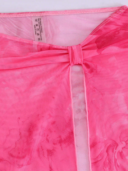 3pcs/Set Sexy Floral European & American Style Swimwear, Summer Vacation Mesh Maxi Skirt Bikini Beach Swimwear Pink