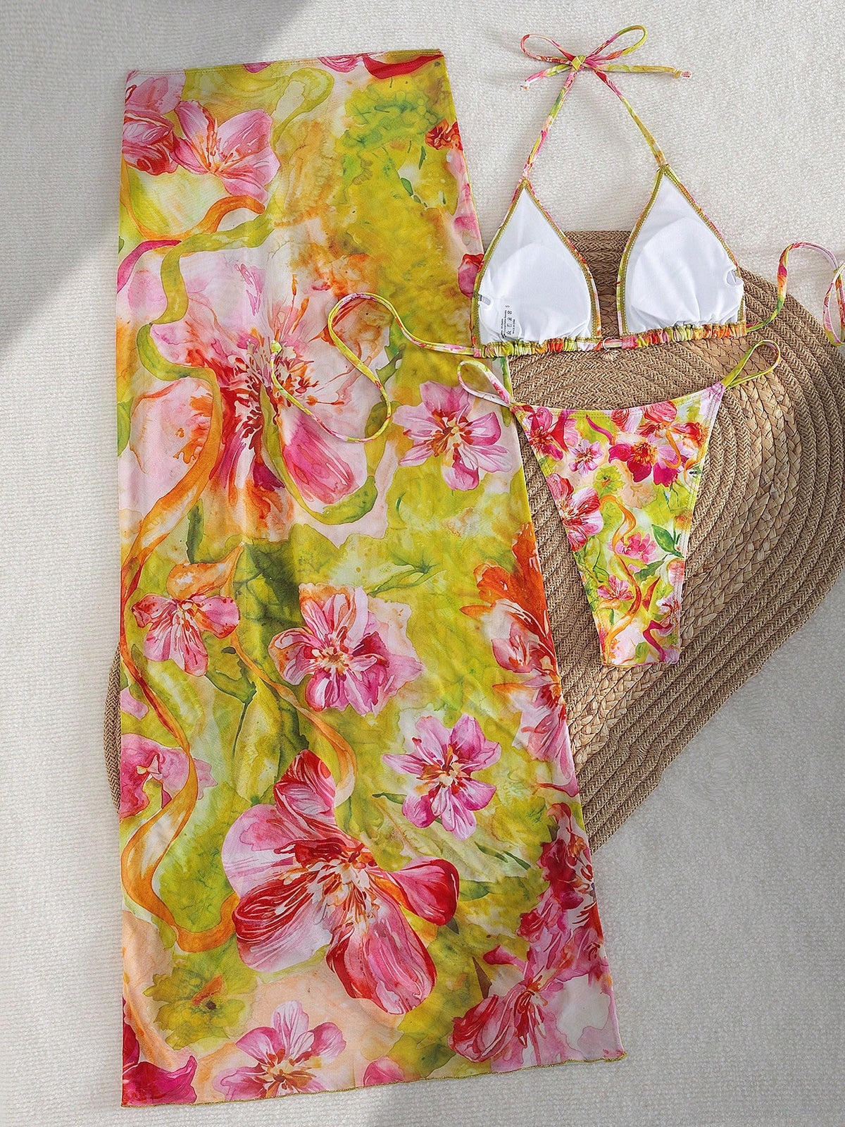3pcs/Set Sexy Floral European & American Style Swimwear, Summer Vacation Mesh Maxi Skirt Bikini Beach Swimwear Pink