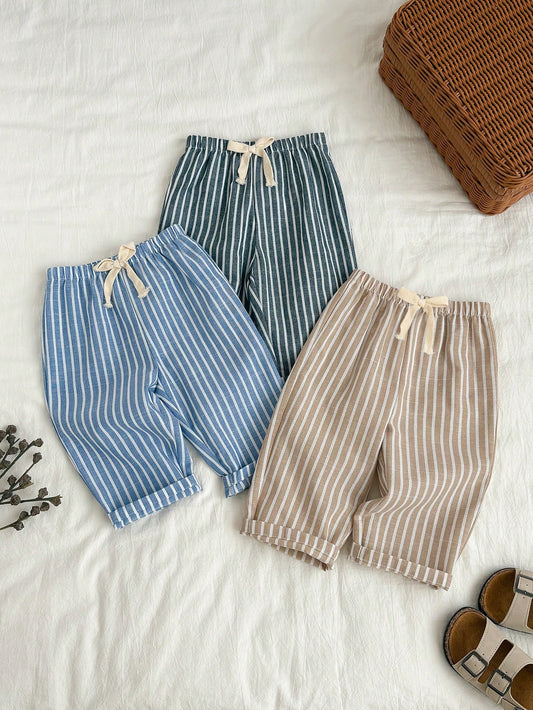 3pcs/Set Unisex Baby Clothes, Baby Boy Casual Cute Versatile Striped Ribbon Decor Elastic Waist Pants Set Baby Trousers Baby Boy Striped Pants