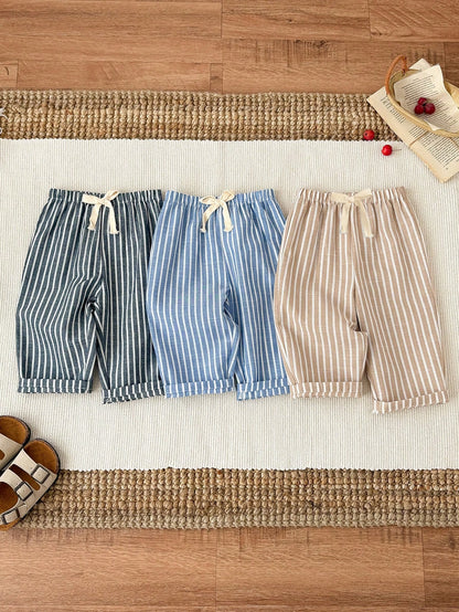 3pcs/Set Unisex Baby Clothes, Baby Boy Casual Cute Versatile Striped Ribbon Decor Elastic Waist Pants Set Baby Trousers Baby Boy Striped Pants