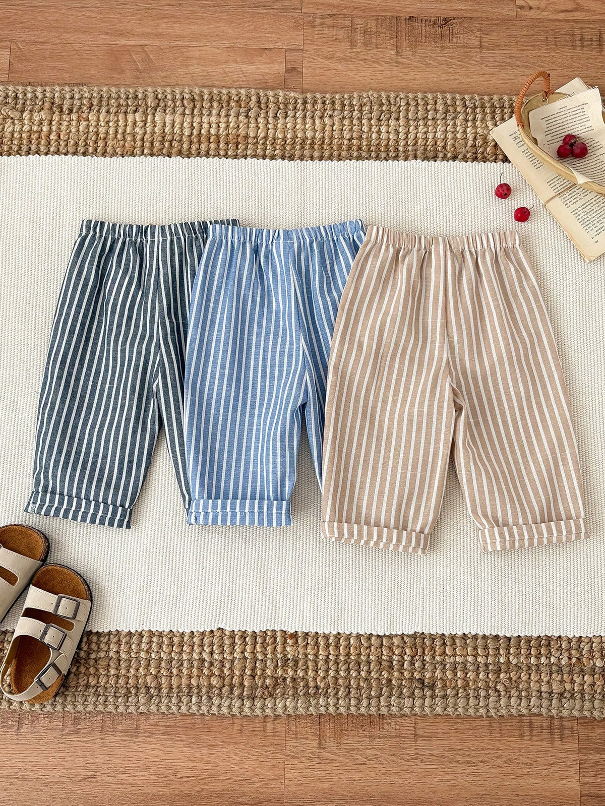 3pcs/Set Unisex Baby Clothes, Baby Boy Casual Cute Versatile Striped Ribbon Decor Elastic Waist Pants Set Baby Trousers Baby Boy Striped Pants