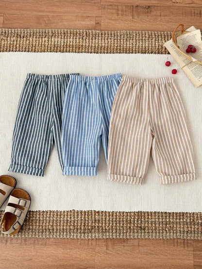 3pcs/Set Unisex Baby Clothes, Baby Boy Casual Cute Versatile Striped Ribbon Decor Elastic Waist Pants Set Baby Trousers Baby Boy Striped Pants