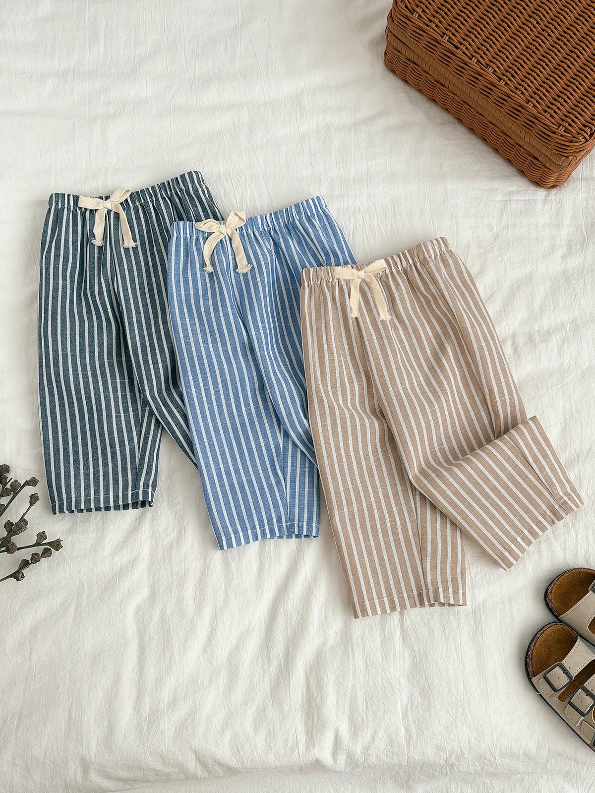 3pcs/Set Unisex Baby Clothes, Baby Boy Casual Cute Versatile Striped Ribbon Decor Elastic Waist Pants Set Baby Trousers Baby Boy Striped Pants