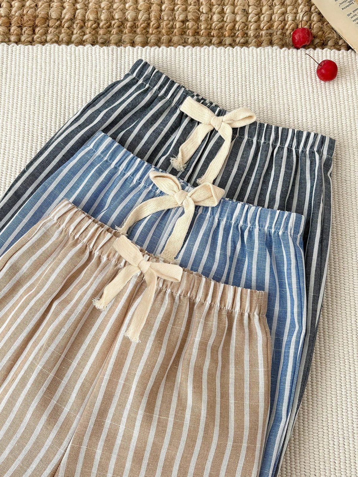 3pcs/Set Unisex Baby Clothes, Baby Boy Casual Cute Versatile Striped Ribbon Decor Elastic Waist Pants Set Baby Trousers Baby Boy Striped Pants