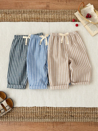 3pcs/Set Unisex Baby Clothes, Baby Boy Casual Cute Versatile Striped Ribbon Decor Elastic Waist Pants Set Baby Trousers Baby Boy Striped Pants