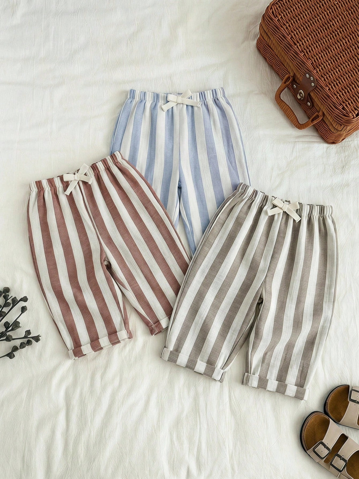 3pcs/Set Unisex Baby Clothes, Baby Boy Casual Cute Versatile Striped Ribbon Decor Elastic Waist Pants Set Baby Trousers Baby Boy Striped Pants