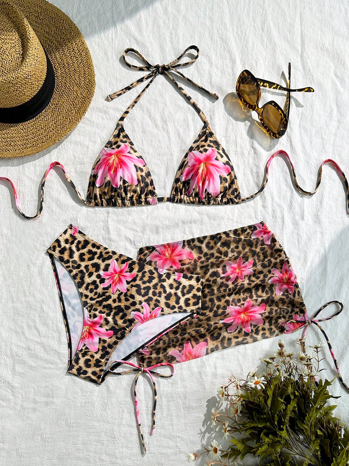 3pcs/Set Women's Sexy Leopard Print Halter Triangle Top, Mesh Sarong And Self-Tie Side Bikini Swimsuit For Summer Beach Vacation