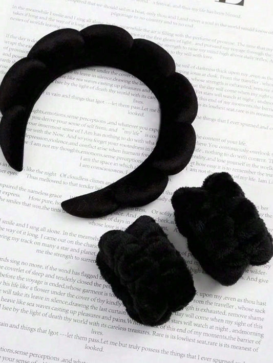 3pcs Solid Bath Headband & Bath Wrist Band Set Home Bathroom Decor Fall Decor Back To School Hair Accessories