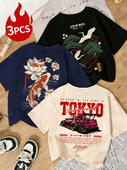 3pcs Women's Summer Multi- Print Casual Crew Neck Short Sleeve T-Shirts, Versatile Chinese Style Koi & Crane And Sports Car Graphic Design, Daily Casual Vacation, Vintage