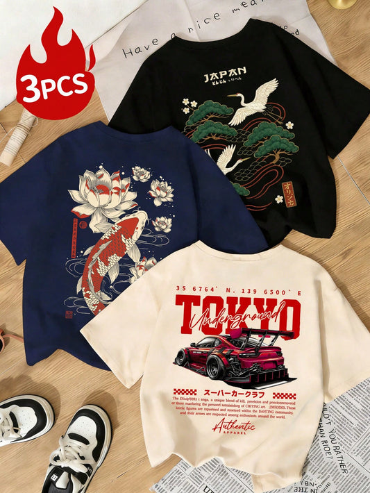 3pcs Women's Summer Multi- Print Casual Crew Neck Short Sleeve T-Shirts, Versatile Chinese Style Koi & Crane And Sports Car Graphic Design, Daily Casual Vacation, Vintage