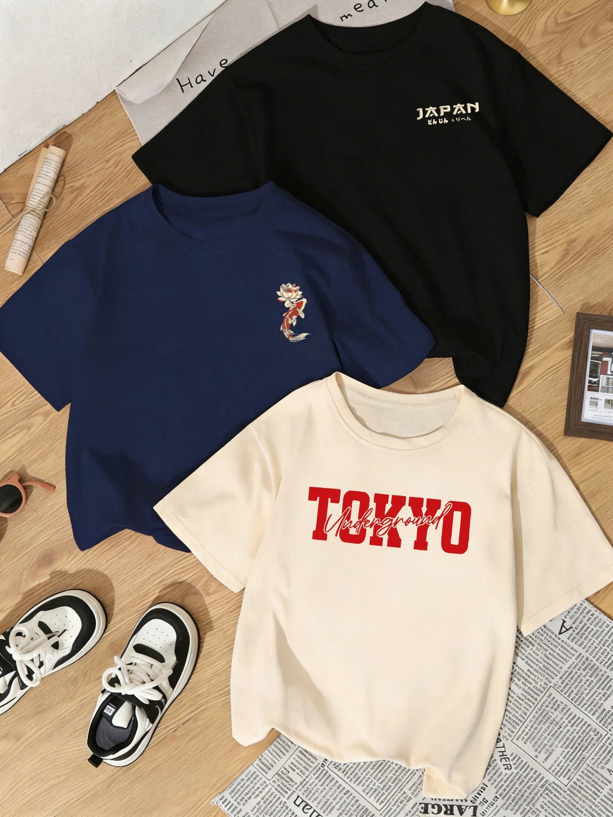 3pcs Women's Summer Multi- Print Casual Crew Neck Short Sleeve T-Shirts, Versatile Chinese Style Koi & Crane And Sports Car Graphic Design, Daily Casual Vacation, Vintage