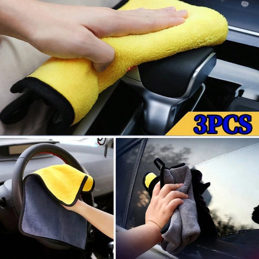 3pcs Yellow & Gray Double-Sided Coral Fleece Car Wash Towels, Strong Water Absorption, No Shedding, Soft Car Cleaning Cloth, Dual-Use Housekeeping Rag, Car Paint Surface Cleaning Towel, Suitable For C