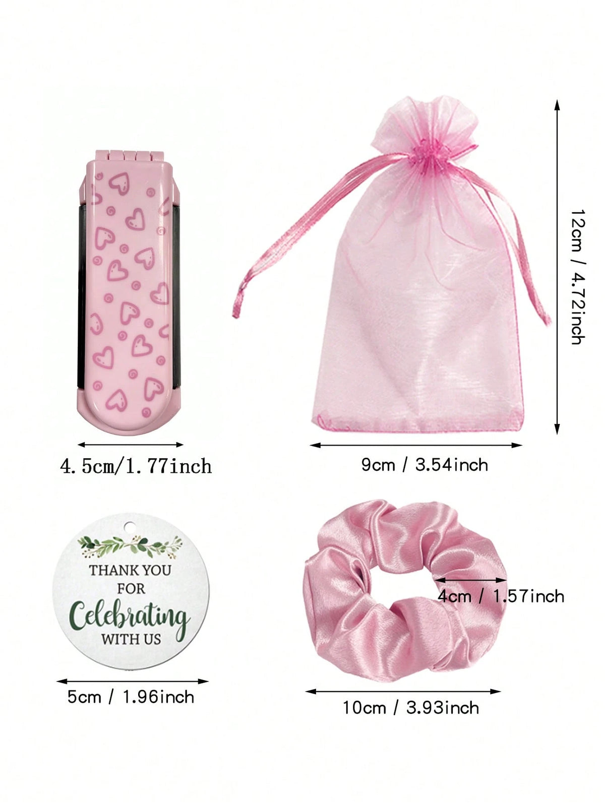 4/20pcs Pink Heart Pattern Folding Cushion Comb Mirror, Including Card, Drawstring Bag And Hair Tie, Perfect For Women, Bridesmaids, Wedding Gifts, Wedding Celebrations, Birthday Parties, Valentine's