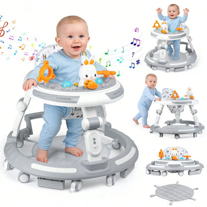 4-In-1 Safety-First Baby Walker & Activity Center With Adjustable Height, Anti-Rollover Base & Foldable Design- 8 Silent Wheels, 2 Anti-Slip Strips, Multi-Function Modes (Learning Walker, Dining Chai