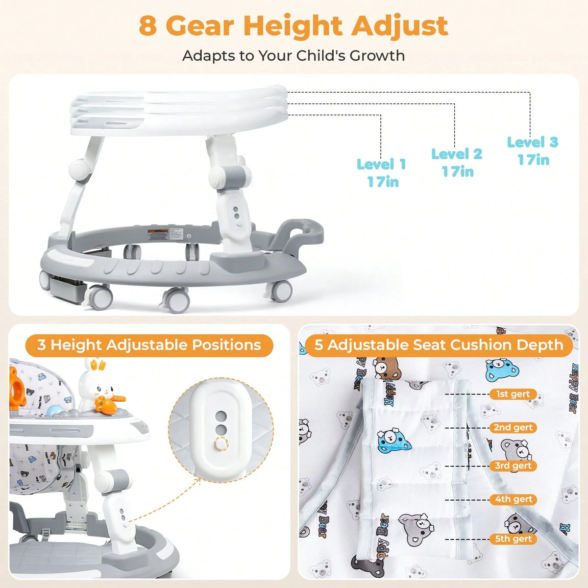4-In-1 Safety-First Baby Walker & Activity Center With Adjustable Height, Anti-Rollover Base & Foldable Design- 8 Silent Wheels, 2 Anti-Slip Strips, Multi-Function Modes (Learning Walker, Dining Chai