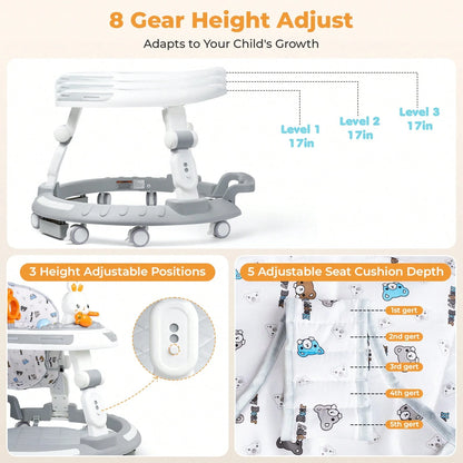 4-In-1 Safety-First Baby Walker & Activity Center With Adjustable Height, Anti-Rollover Base & Foldable Design- 8 Silent Wheels, 2 Anti-Slip Strips, Multi-Function Modes (Learning Walker, Dining Chai