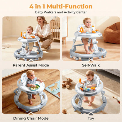4-In-1 Safety-First Baby Walker & Activity Center With Adjustable Height, Anti-Rollover Base & Foldable Design- 8 Silent Wheels, 2 Anti-Slip Strips, Multi-Function Modes (Learning Walker, Dining Chai