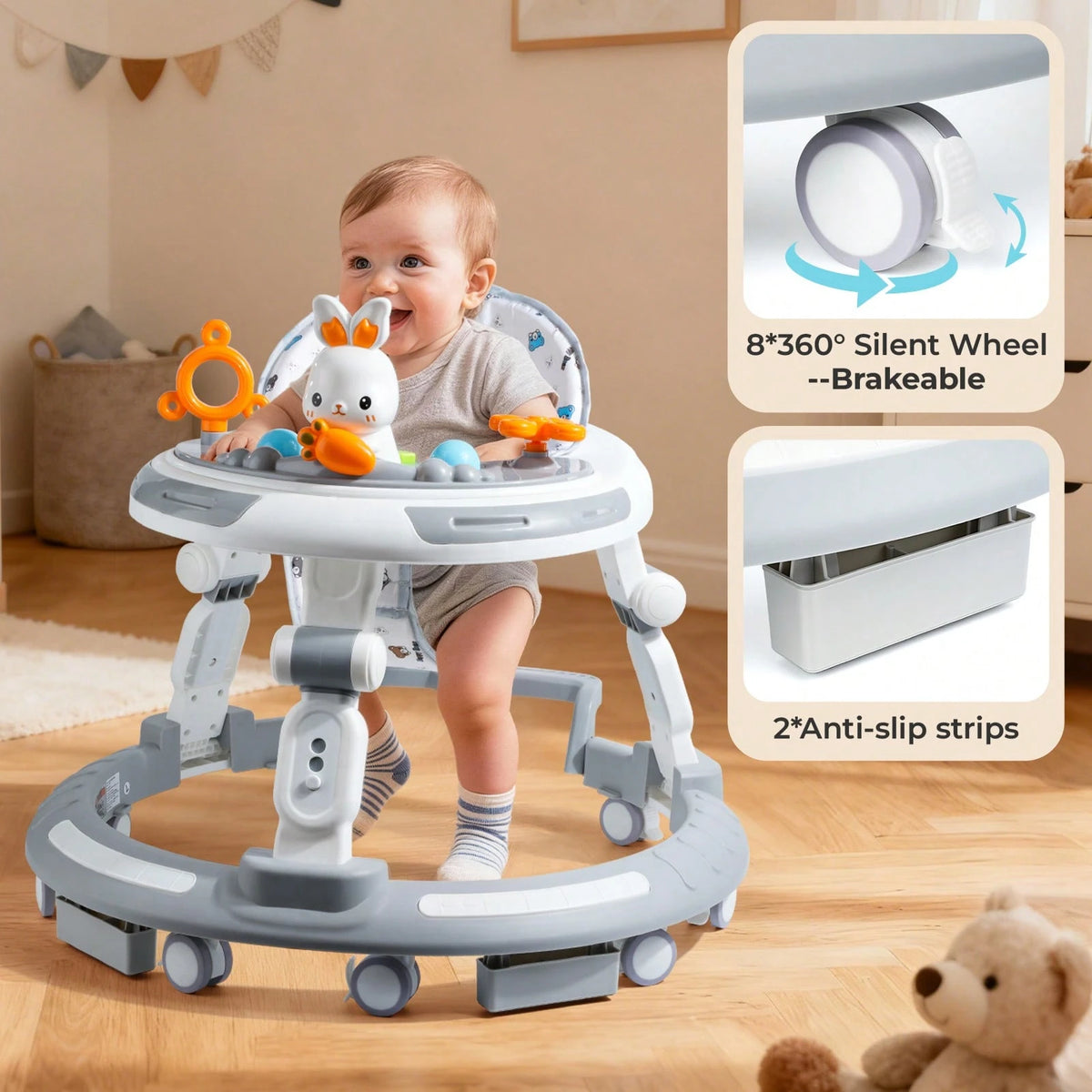 4-In-1 Safety-First Baby Walker & Activity Center With Adjustable Height, Anti-Rollover Base & Foldable Design- 8 Silent Wheels, 2 Anti-Slip Strips, Multi-Function Modes (Learning Walker, Dining Chai