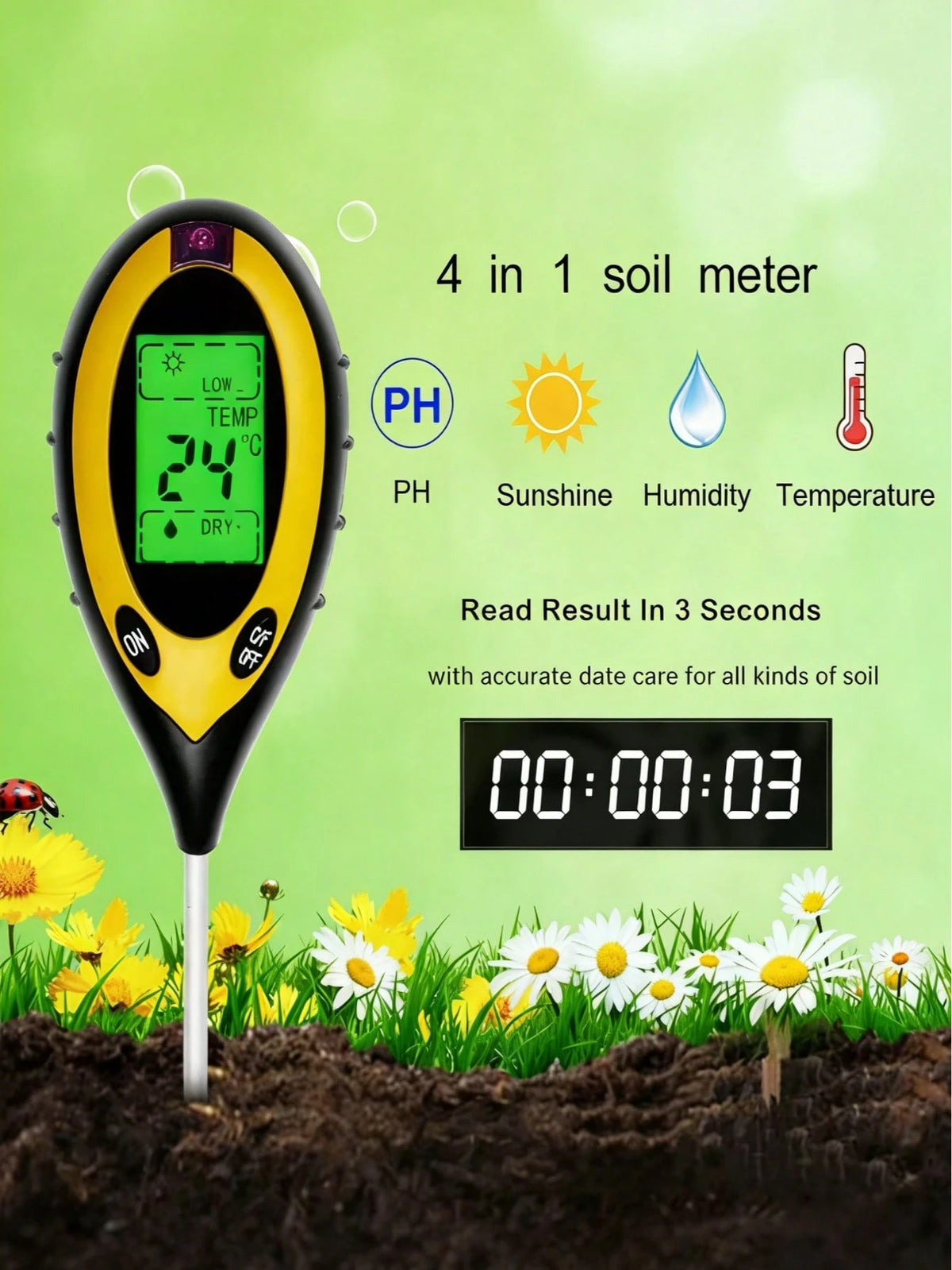 4-In-1 Soil Tester, Digital Soil PH Meter, Moisture/ Light/ Temperature/ PH Test Kit For Garden, Lawn, Farm, Potted Plants & Outdoor Plants