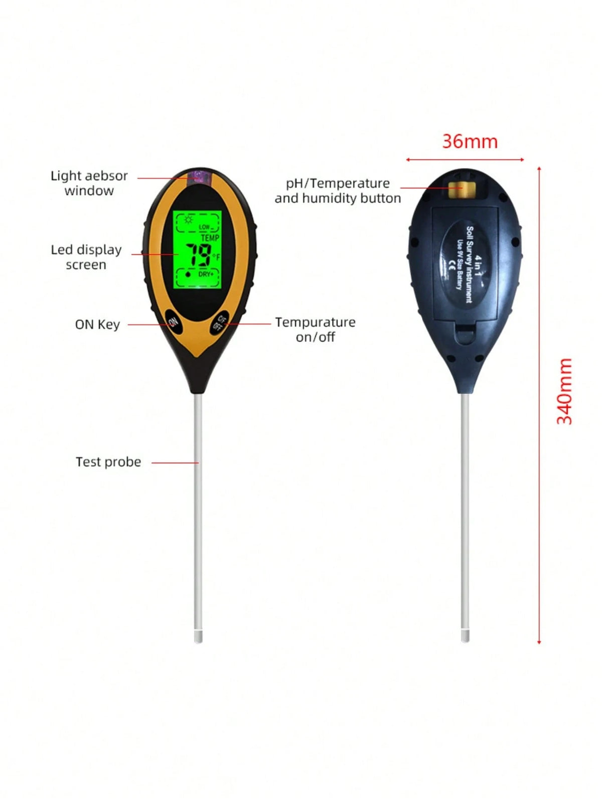 4-In-1 Soil Tester, Digital Soil PH Meter, Moisture/ Light/ Temperature/ PH Test Kit For Garden, Lawn, Farm, Potted Plants & Outdoor Plants