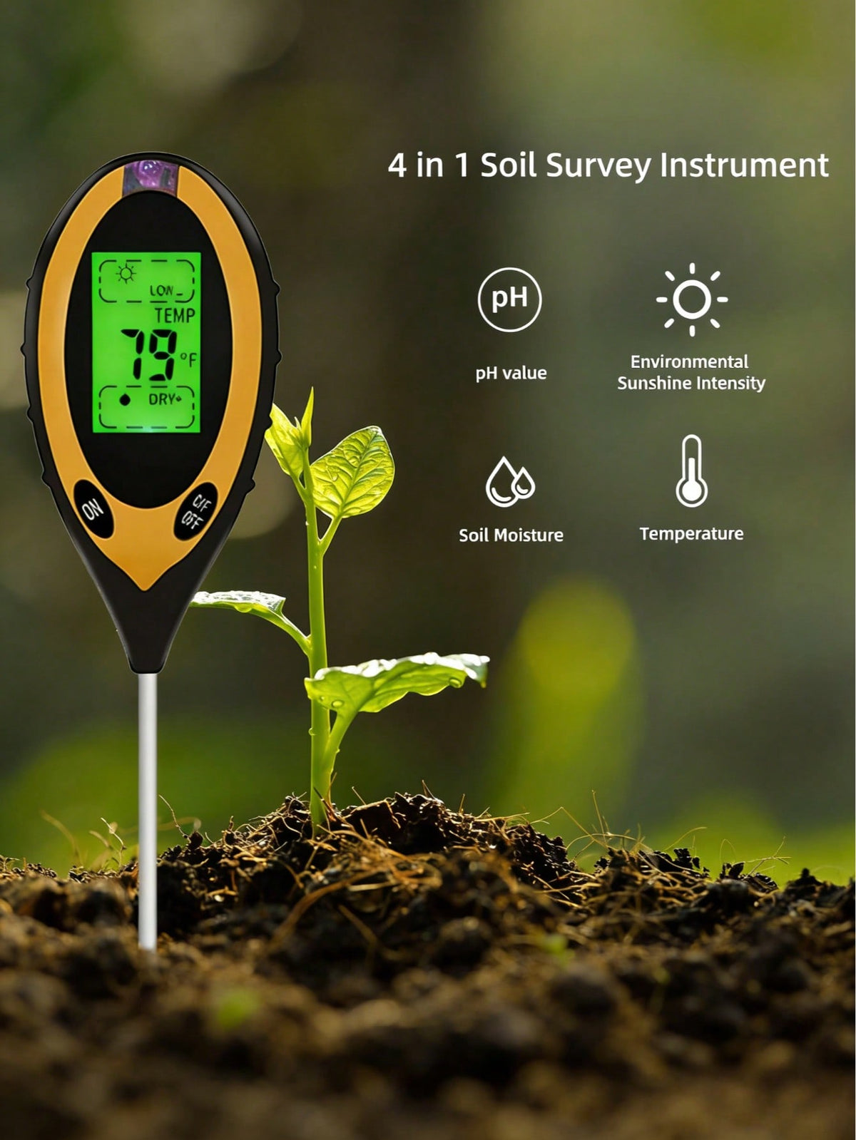 4-In-1 Soil Tester, Digital Soil PH Meter, Moisture/ Light/ Temperature/ PH Test Kit For Garden, Lawn, Farm, Potted Plants & Outdoor Plants
