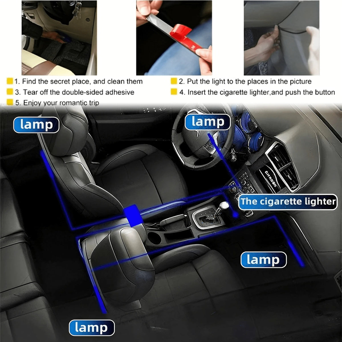 4-Piece LED Car Footwell Light Kit, Cigarette Lighter Plug, 12V, RGB Color Footwell Light With Music Synchronization Function, 48 LED Beads, Wireless APP + Remote Control.