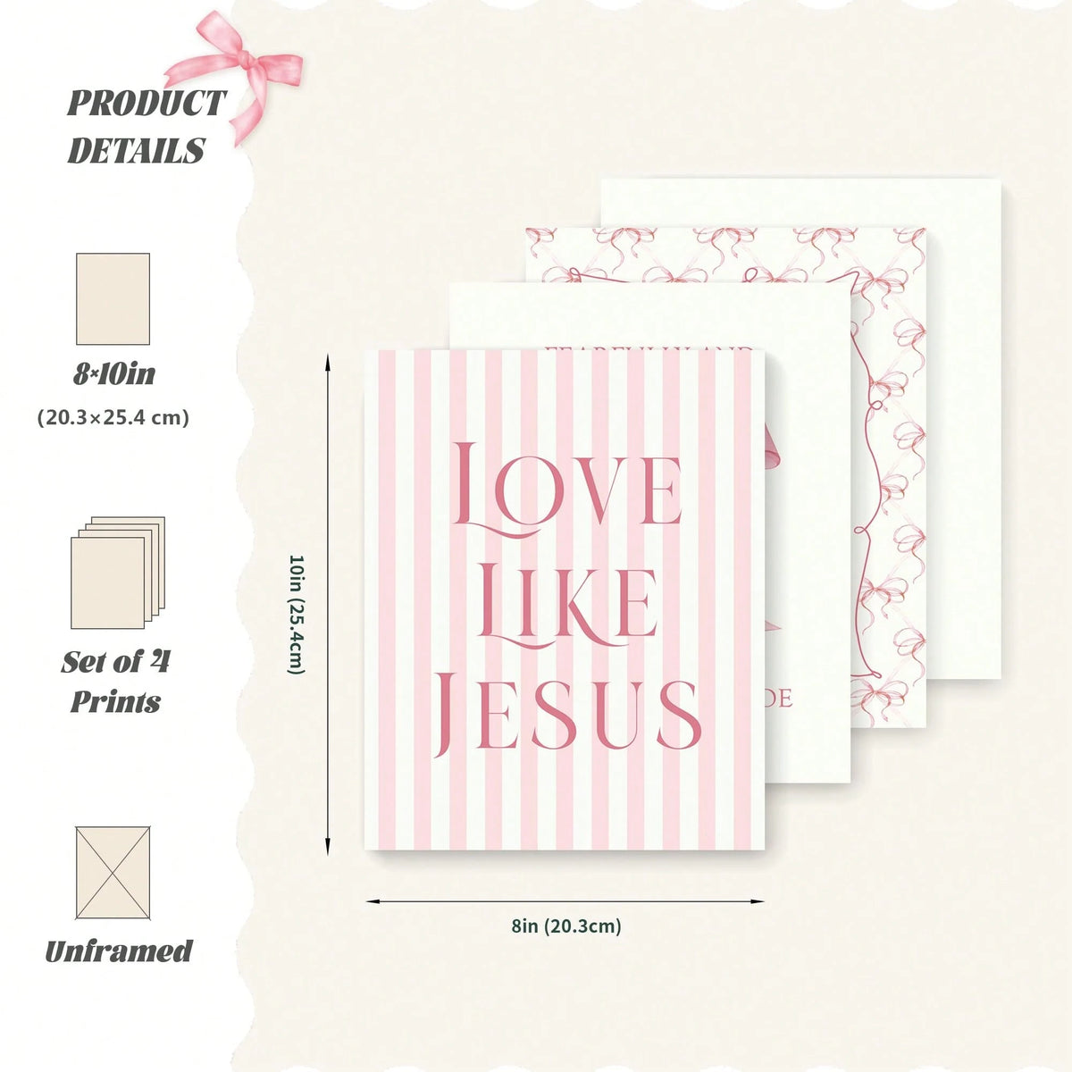 4-Piece Pink Bow Christian Room Bedroom Bathroom Dorm Wall Art Decor Aesthetic For Nursery Decor Watercolor Art Canvas Print Decorative Poster Suitable For Girl Bedrooms Living Rooms College Apartment