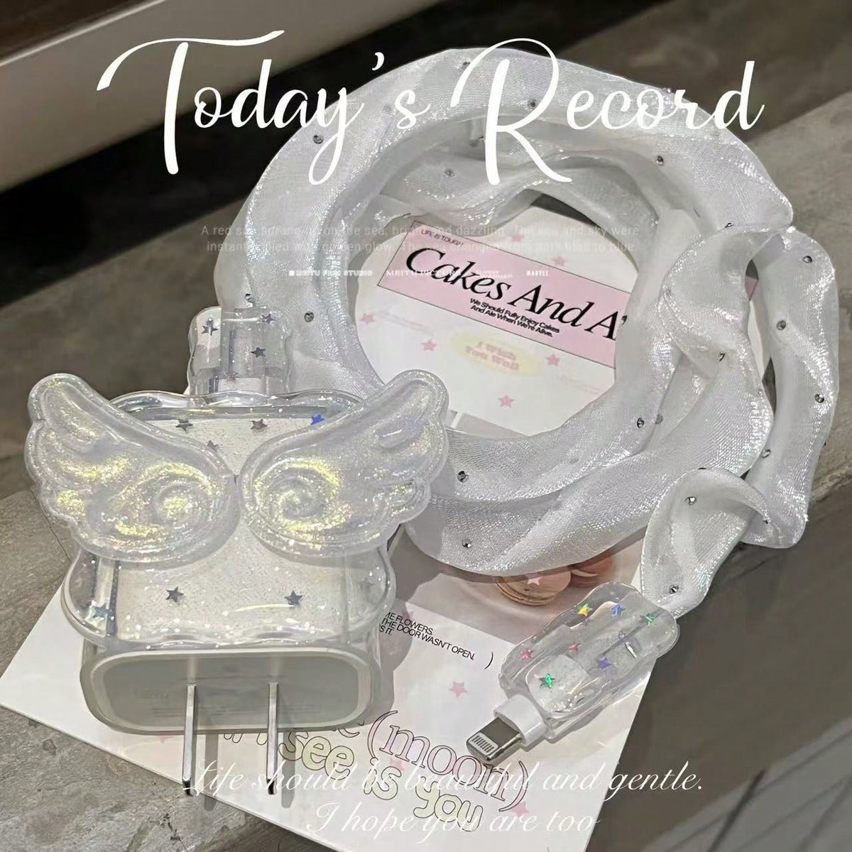 4pcs 3D Angel Wings & Star Sequin Data Cable Protector Set, INS Dreamy Fairy Style Digital Accessories Multi-Scenario Compatible, Compatible With Apple 18W/20W Fast Charging, Star Sequin Glitter Data