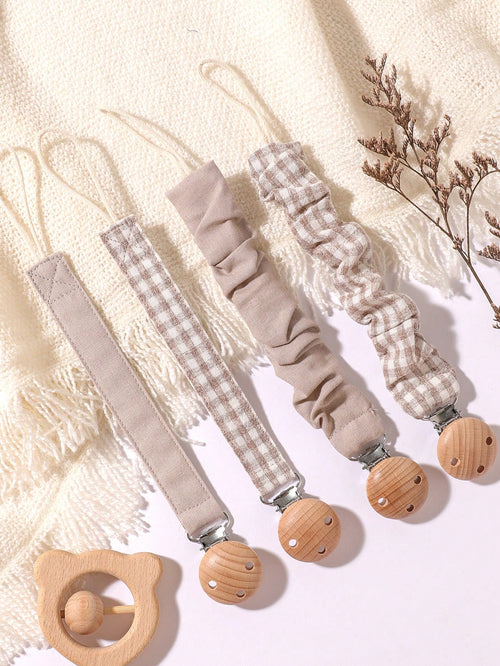 4pcs Baby Pacifier Clips, Plaid, Polka Dot, Solid Color Blue/Pink/Khaki, Wooden 3-Hole Pacifier Clips, Suitable For Daily Use