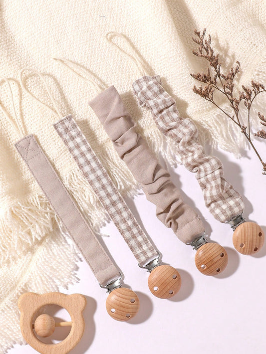 4pcs Baby Pacifier Clips, Plaid, Polka Dot, Solid Color Blue/Pink/Khaki, Wooden 3-Hole Pacifier Clips, Suitable For Daily Use