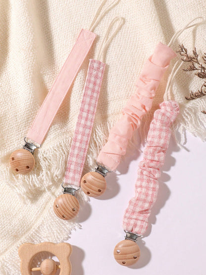 4pcs Baby Pacifier Clips, Plaid, Polka Dot, Solid Color Blue/Pink/Khaki, Wooden 3-Hole Pacifier Clips, Suitable For Daily Use